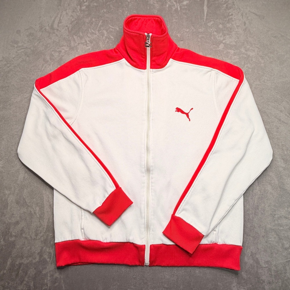 Puma Track Jacket Mens XL White Red Full Zip Mock Neck Colorblock Embroidered